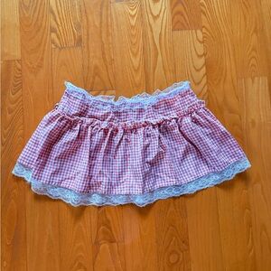 Red and white Checkered Print Lace Trim Mini Skirt